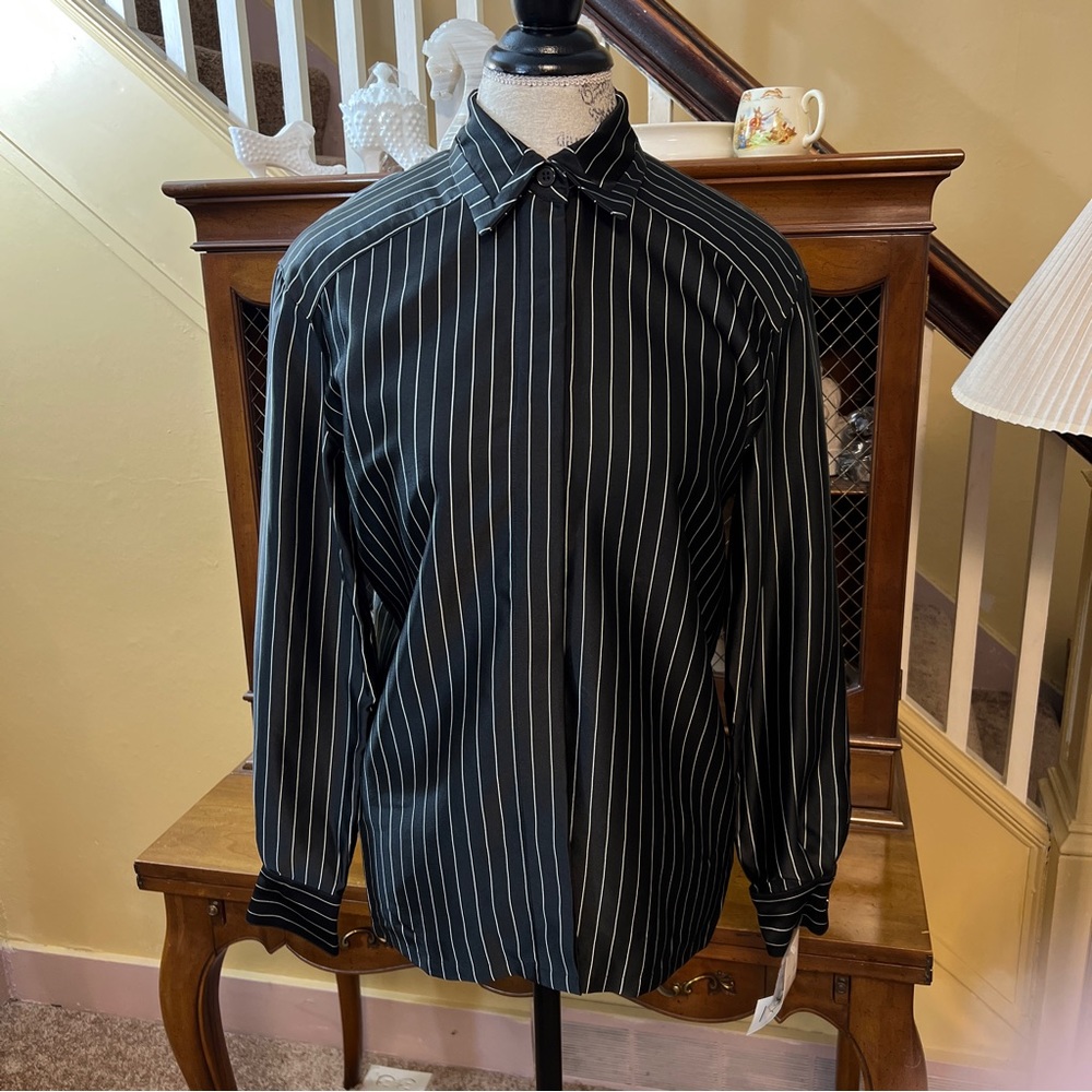 ❤️Laurel by Escada NWT 100% Silk Black Shirt with White Stripes.